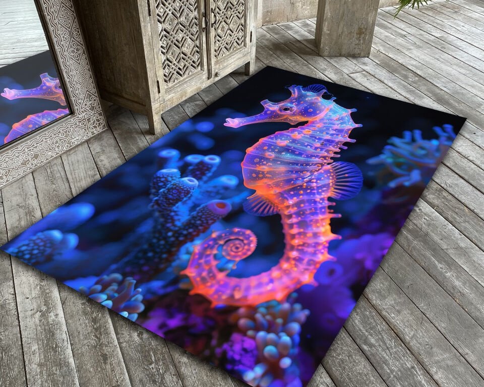 Neon Seahorse Rug Vibrant Aquarium Carpet Colorful Underwater Scene Floor Mat for Modern Home Decor