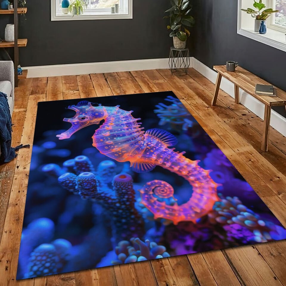 Neon Seahorse Rug Vibrant Aquarium Carpet Colorful Underwater Scene Floor Mat for Modern Home Decor