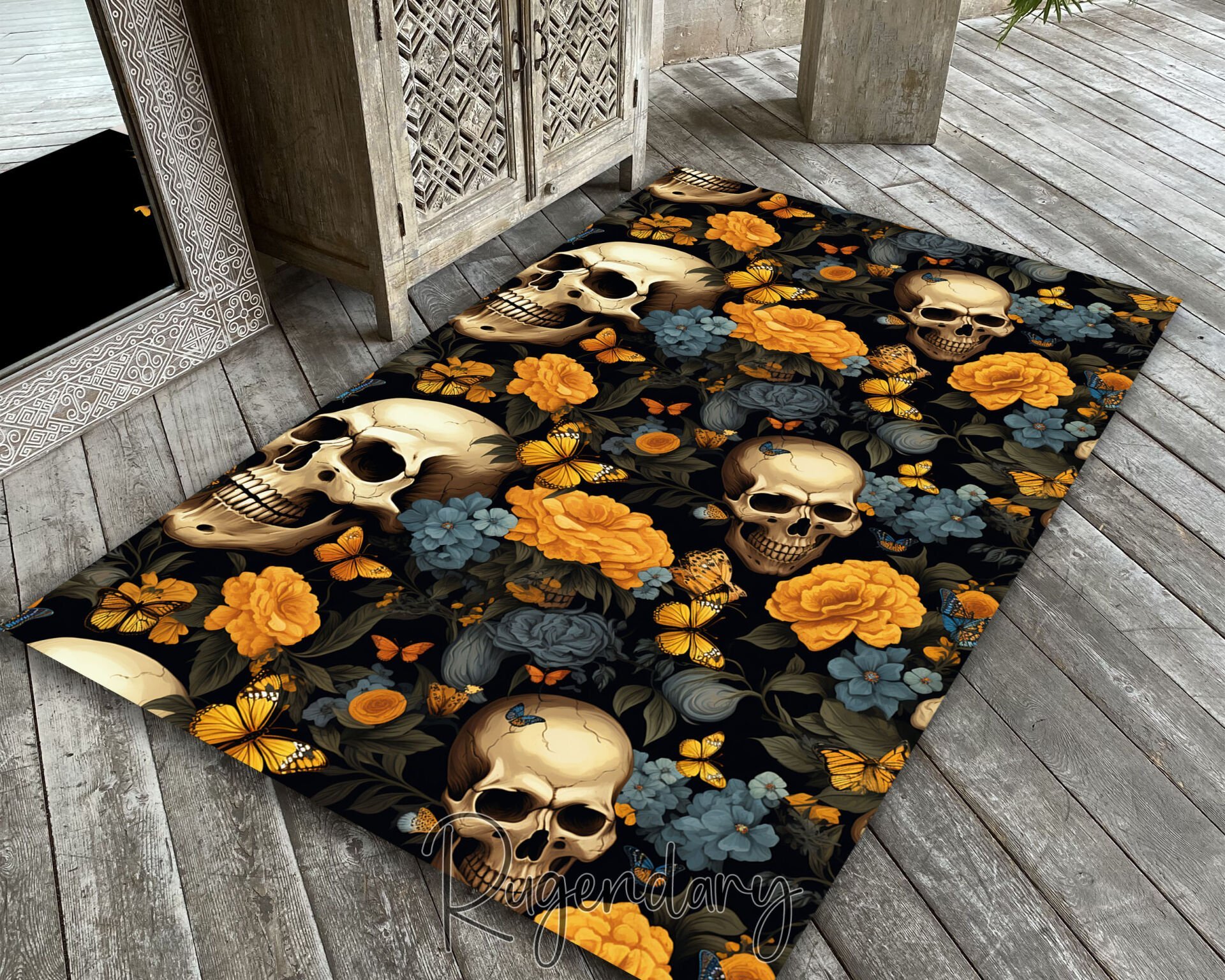 Gothic Skull & Floral Rug – Dark Aesthetic Carpet with Skulls, Roses & Butterflies