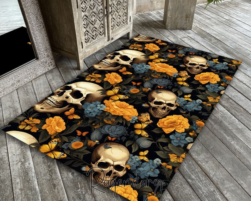 Gothic Skull & Floral Rug – Dark Aesthetic Carpet with Skulls, Roses & Butterflies