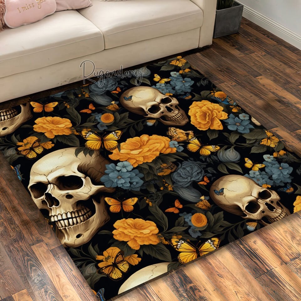 Gothic Skull & Floral Rug – Dark Aesthetic Carpet with Skulls, Roses & Butterflies