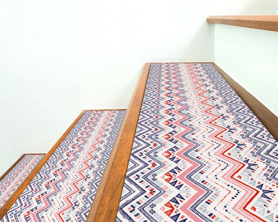 Chevron Pattern Stair Treads – Modern Geometric Zigzag Stair Mats in Blue, Red, and White