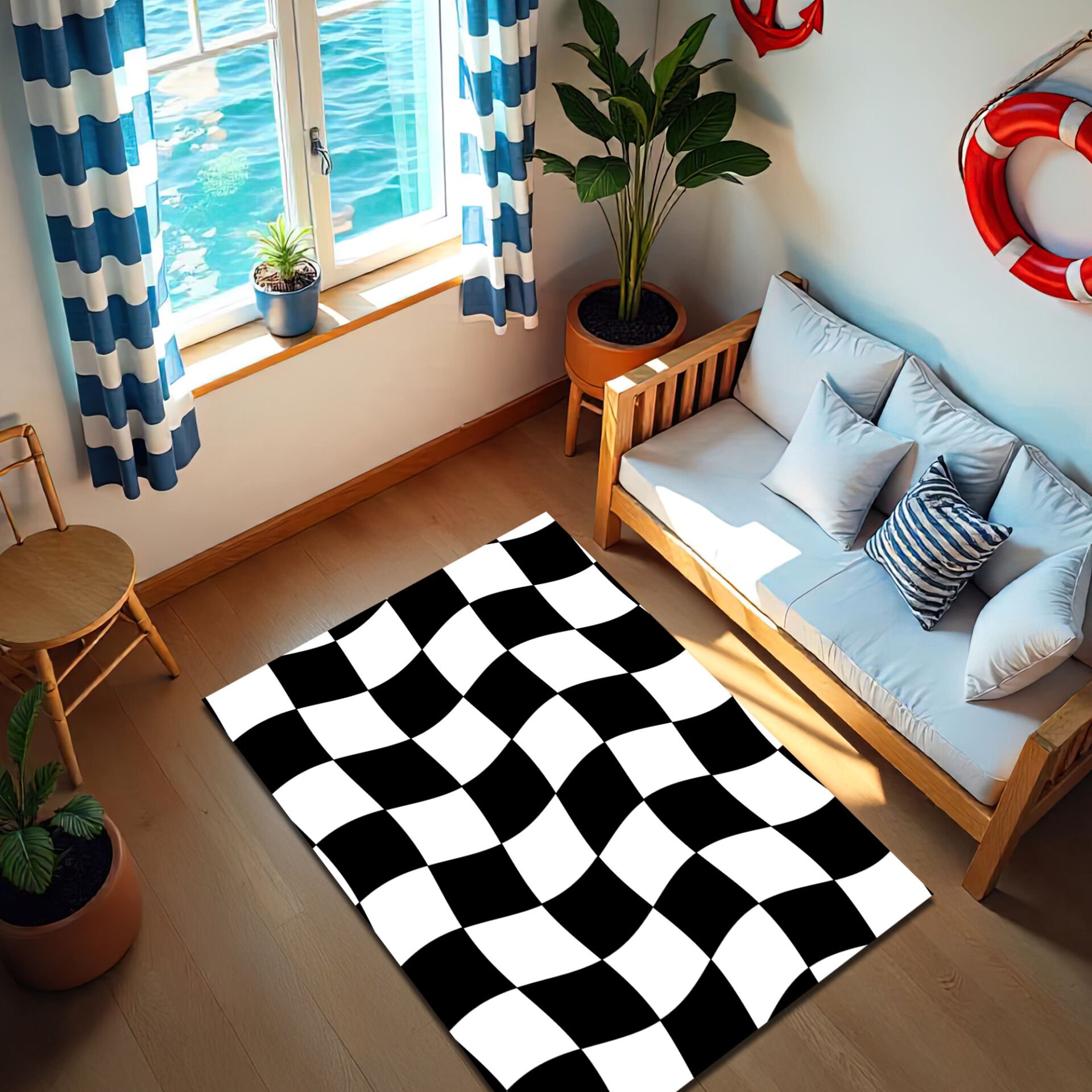 Wavy Checkered Area Rug – Black and White Optical Illusion Design