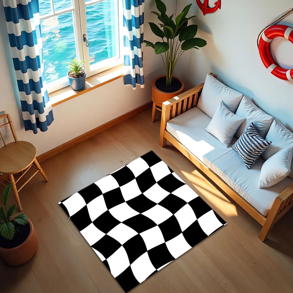Wavy Checkered Area Rug – Black and White Optical Illusion Design