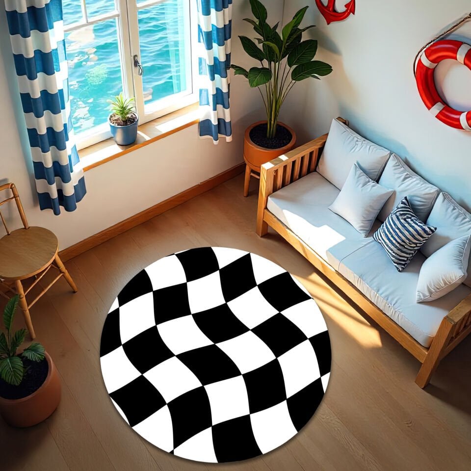 Wavy Checkered Area Rug – Black and White Optical Illusion Design