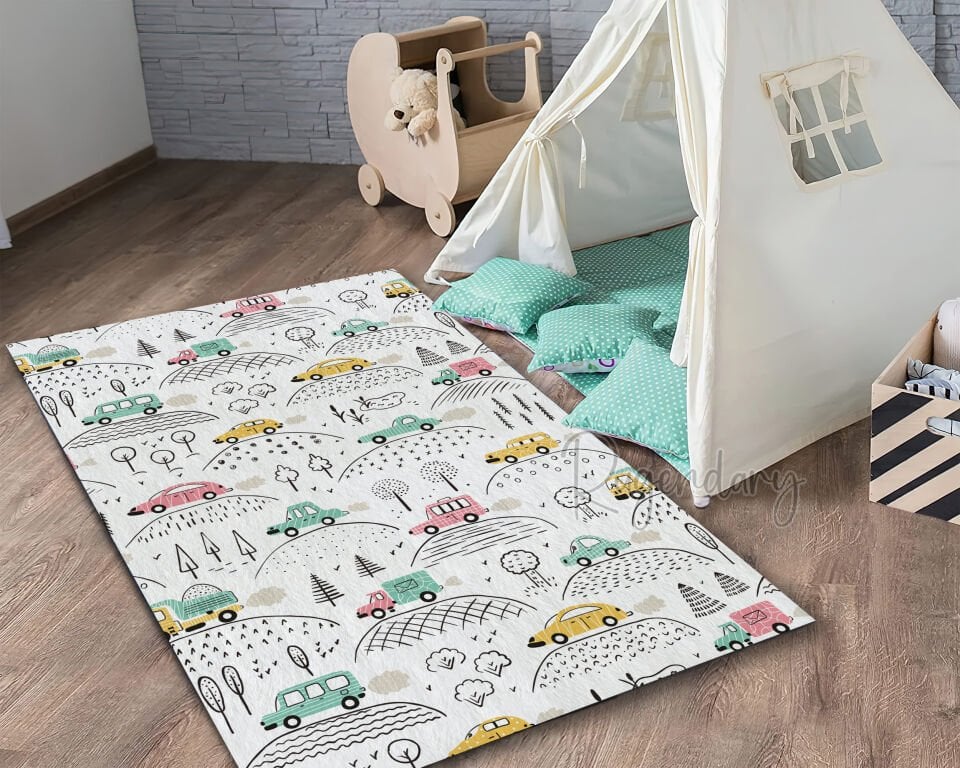 Kids Room Rug with Cute Car & Nature Design – Playful & Cozy Carpet