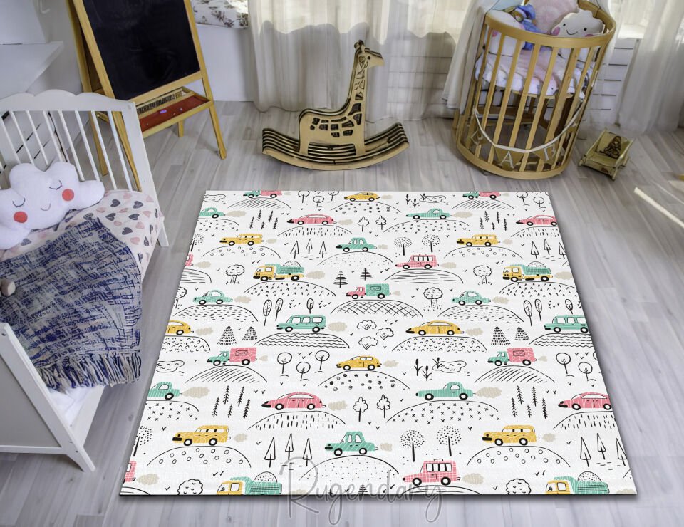Kids Room Rug with Cute Car & Nature Design – Playful & Cozy Carpet