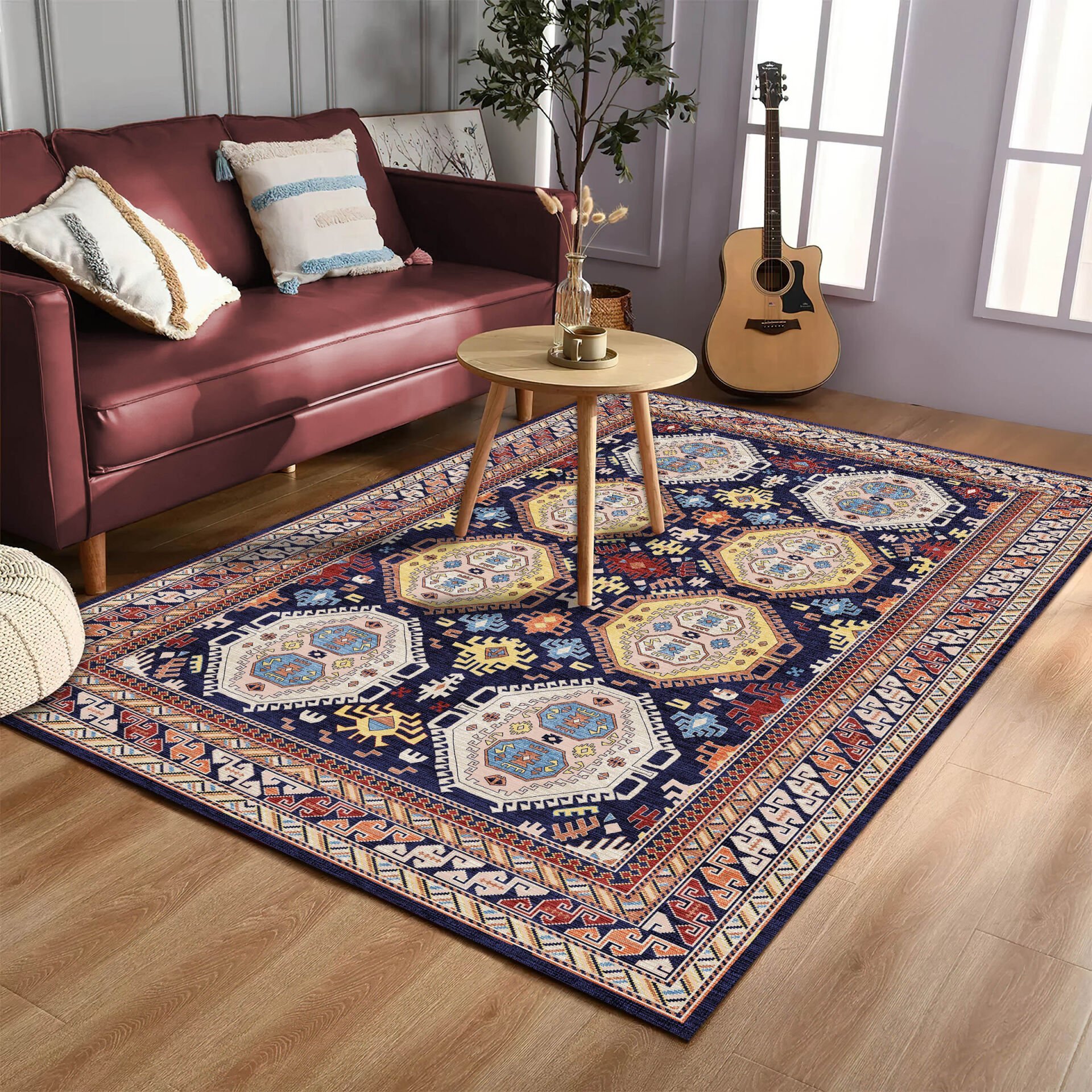 Navy Blue Oriental Rug Geometric Tribal Pattern Decorative Carpet