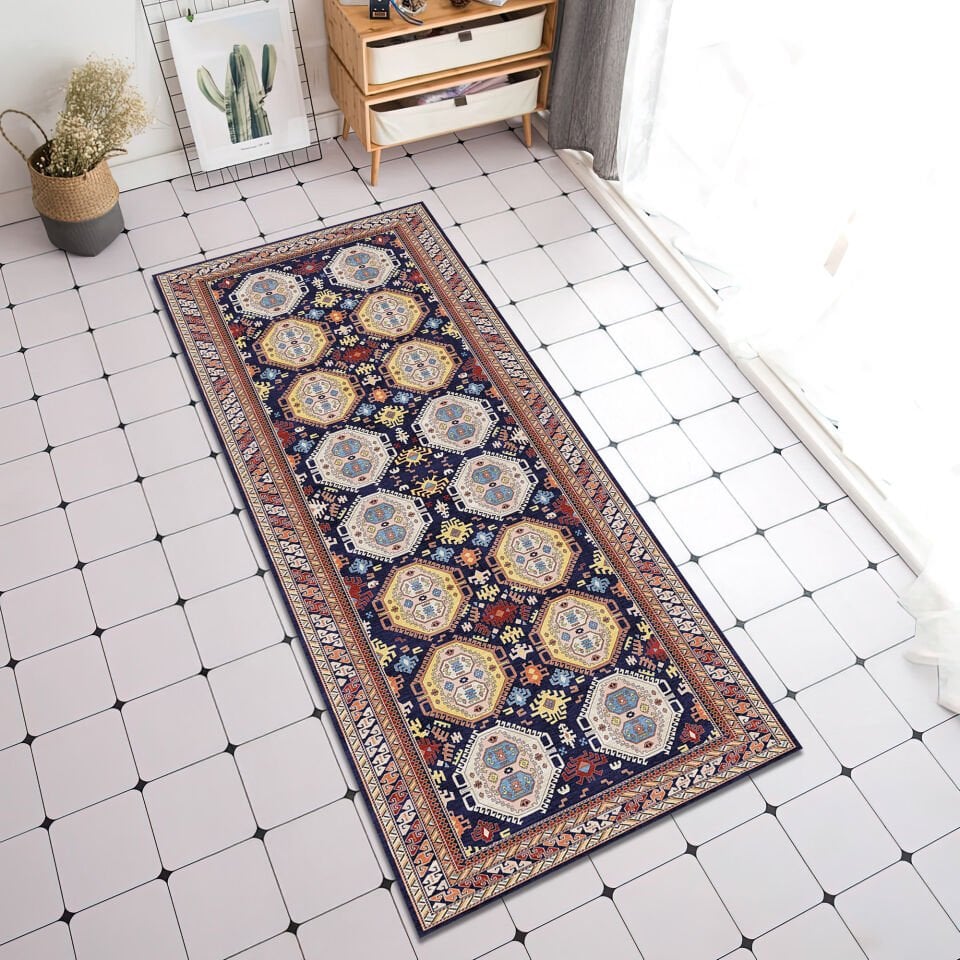 Navy Blue Oriental Rug Geometric Tribal Pattern Decorative Carpet