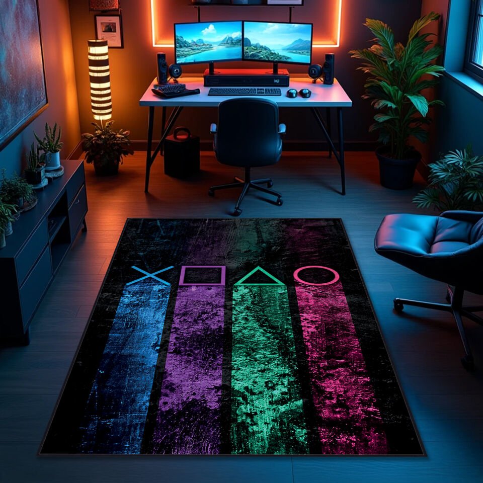 Retro Neon PlayStation Symbols Gaming Rug - Perfect Game Room Decor