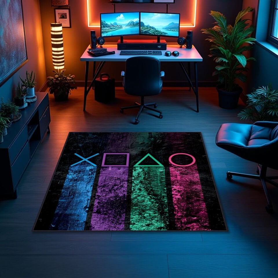 Retro Neon PlayStation Symbols Gaming Rug - Perfect Game Room Decor