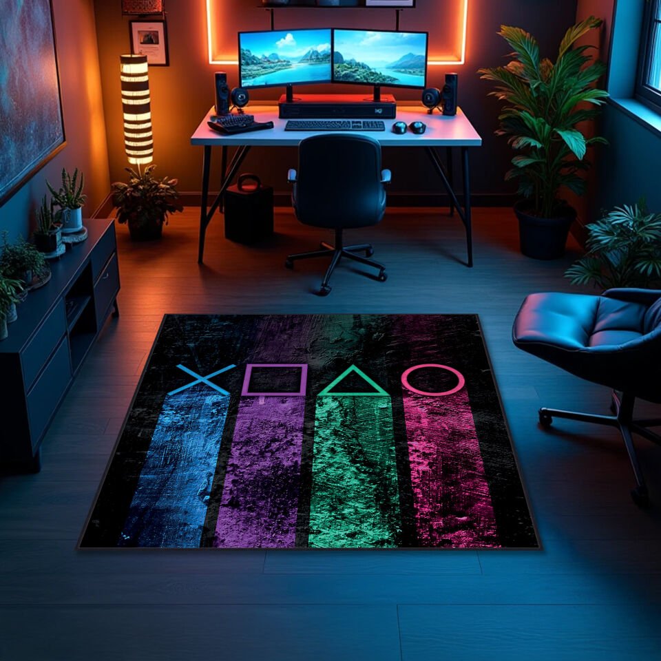 Retro Neon PlayStation Symbols Gaming Rug - Perfect Game Room Decor