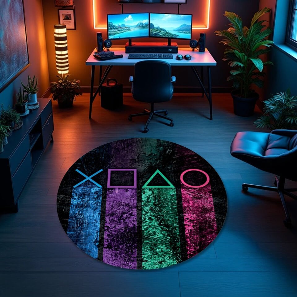 Retro Neon PlayStation Symbols Gaming Rug - Perfect Game Room Decor