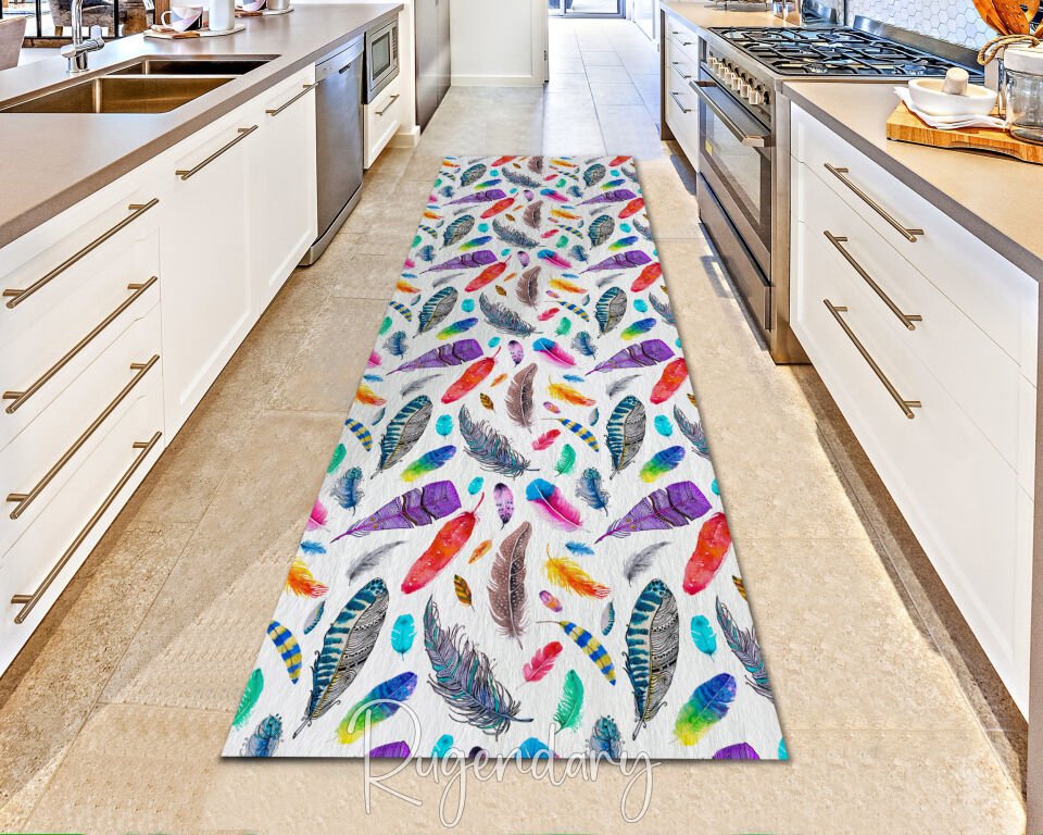 Colorful Feather Pattern Runner Rug – Boho Style Hallway & Kitchen Carpet