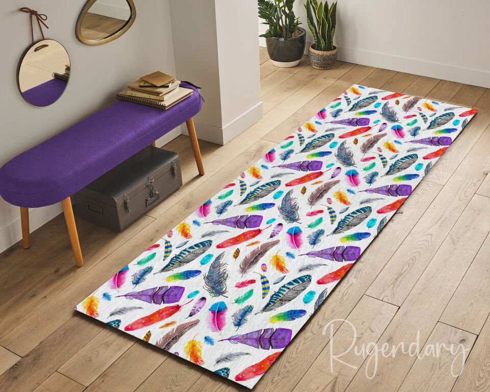 Colorful Feather Pattern Runner Rug – Boho Style Hallway & Kitchen Carpet