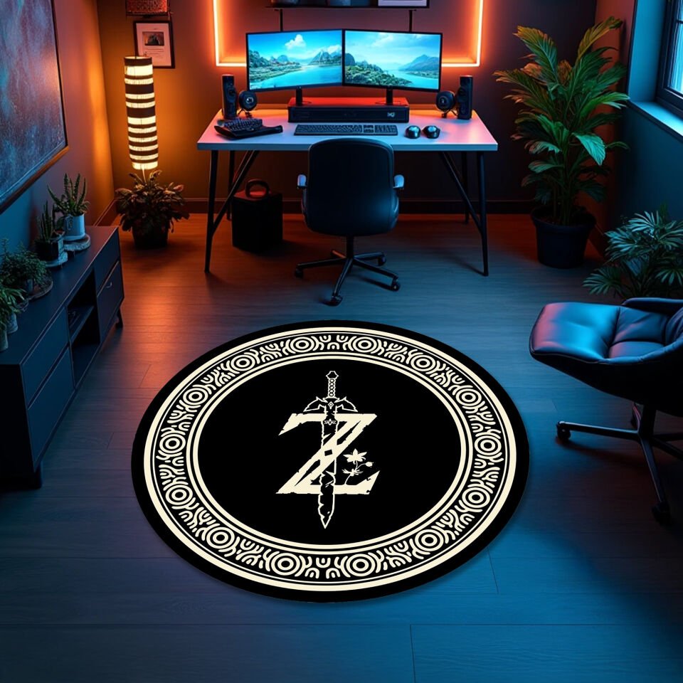Legend-Inspired Round Rug – Black & White Sword Emblem Design