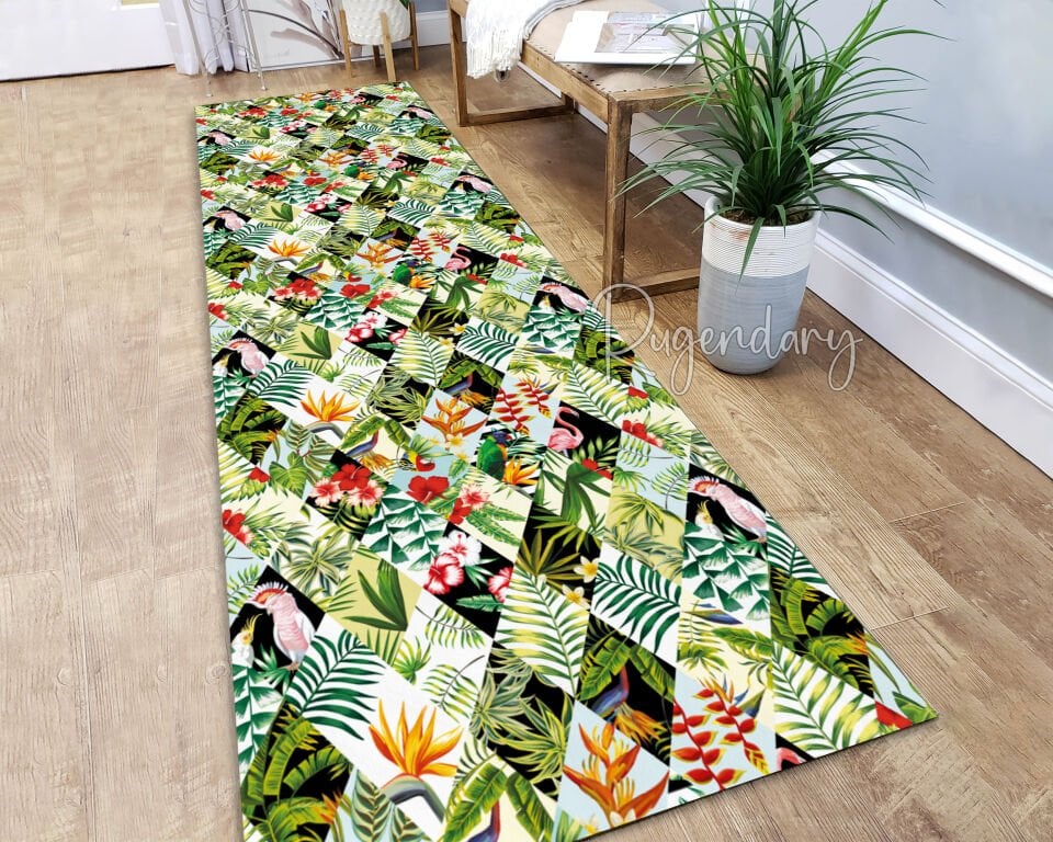Tropical Leaf & Flower Runner Rug – Colorful Non-Slip & Washable Hallway Carpet