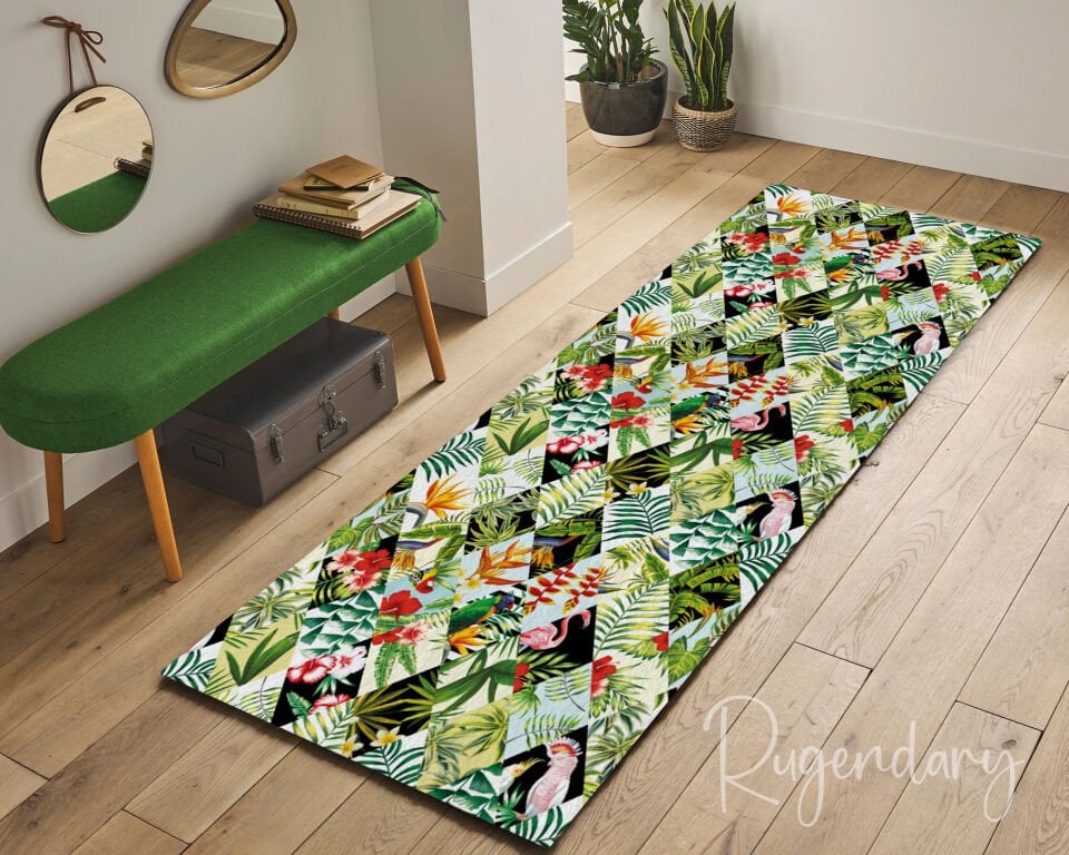 Tropical Leaf & Flower Runner Rug – Colorful Non-Slip & Washable Hallway Carpet