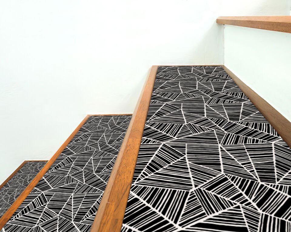 Modern Black & White Geometric Stair Treads – Stylish Abstract Line Pattern Mats