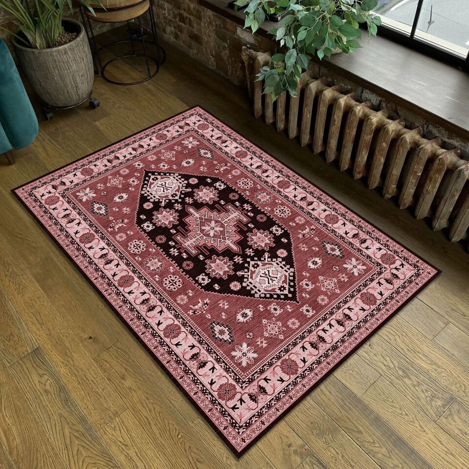 Ethnic Patterned Boho Style Decorative Rug in Burgundy and Dark Red Tones