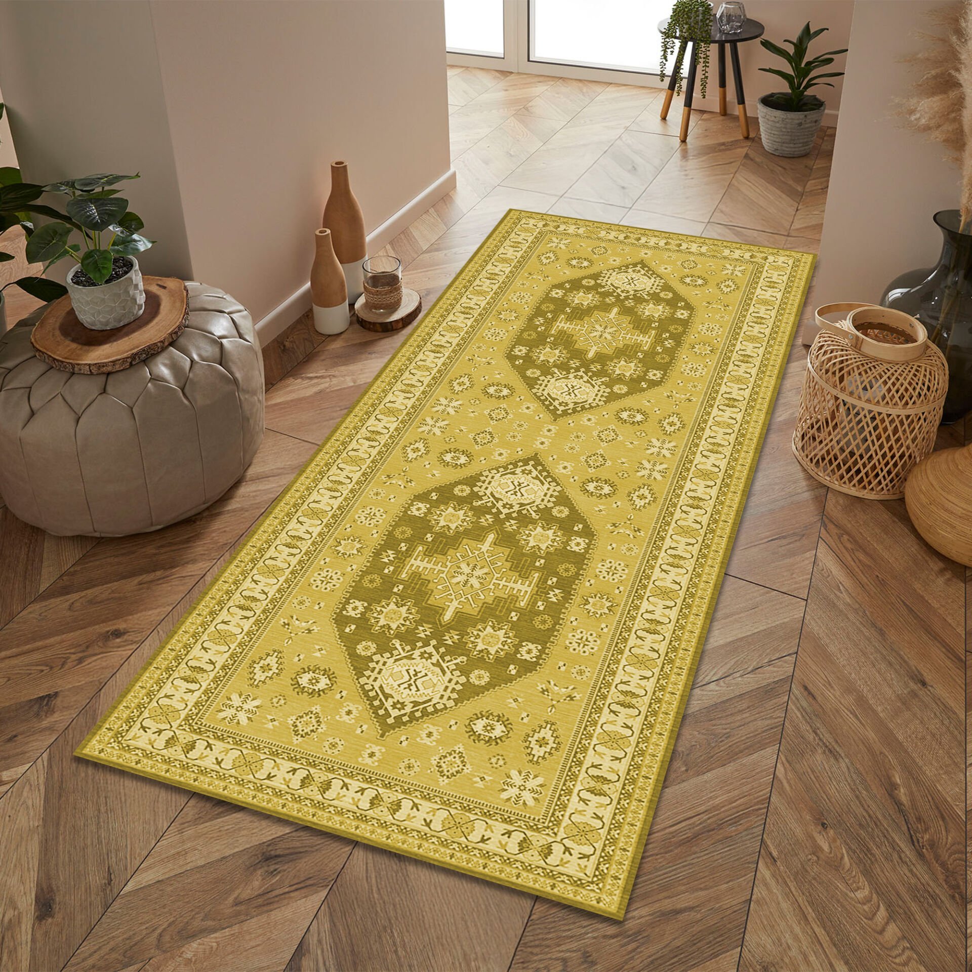 Geometric Tribal Runner Rug Yellow Ethnic Pattern Carpet for Hallway Corridor