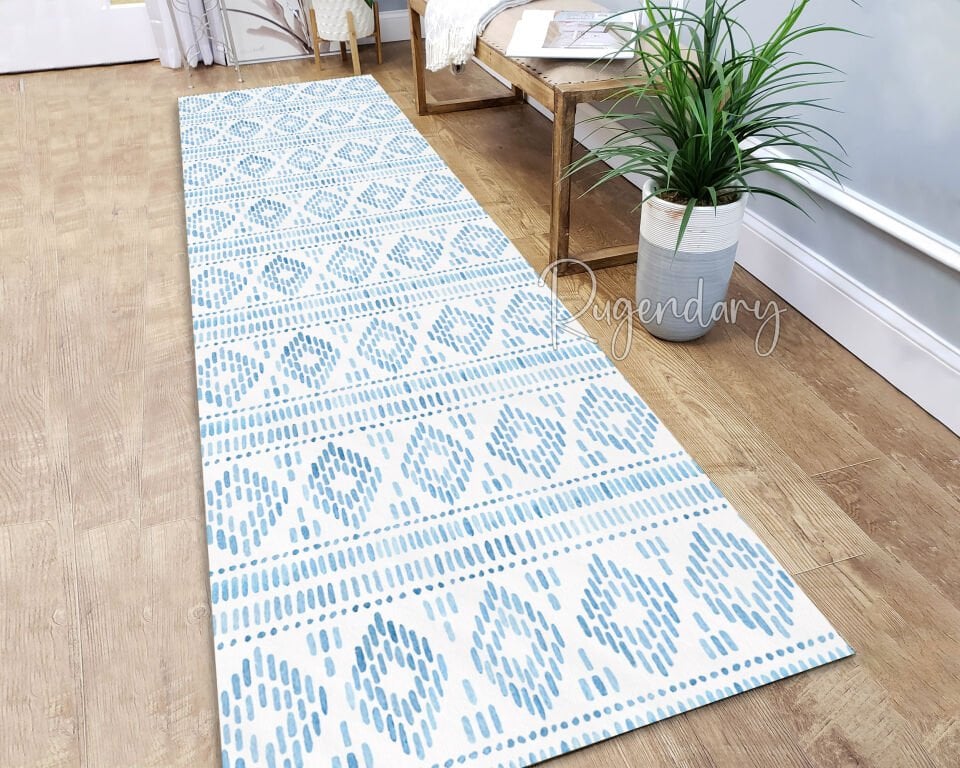 Blue Geometric Pattern Kitchen Runner Rug – Modern Long Carpet
