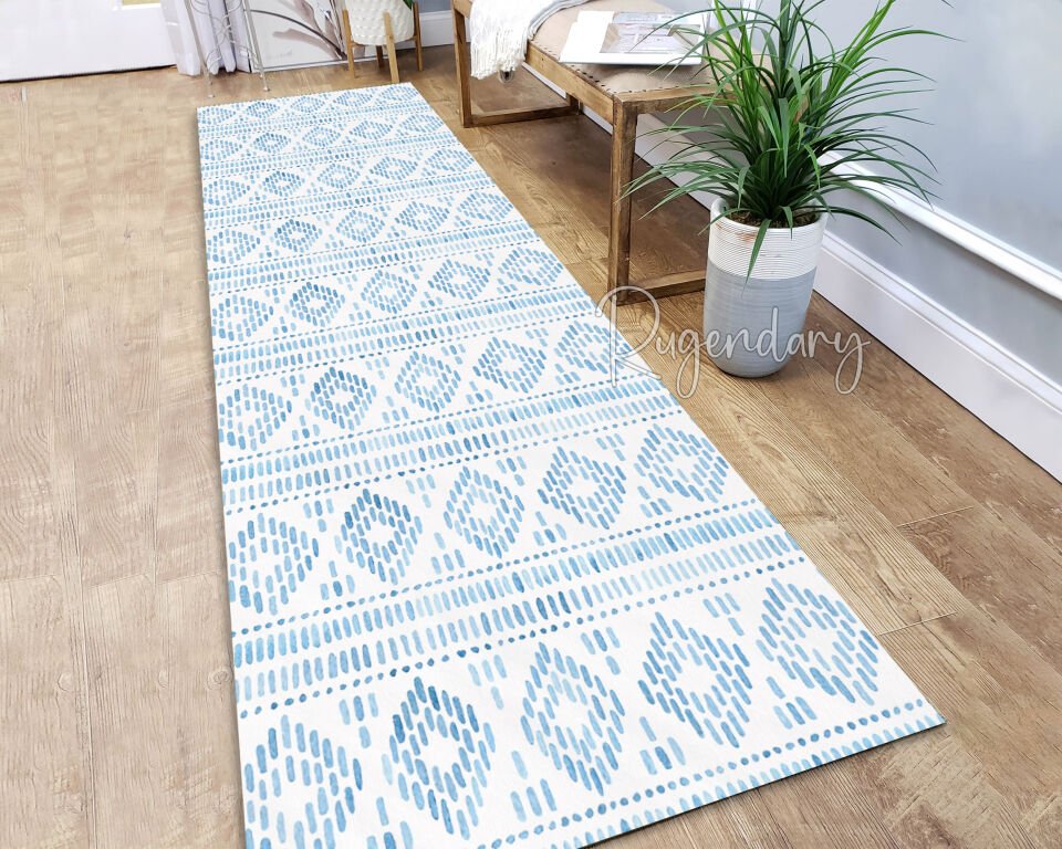 Blue Geometric Pattern Kitchen Runner Rug – Modern Long Carpet