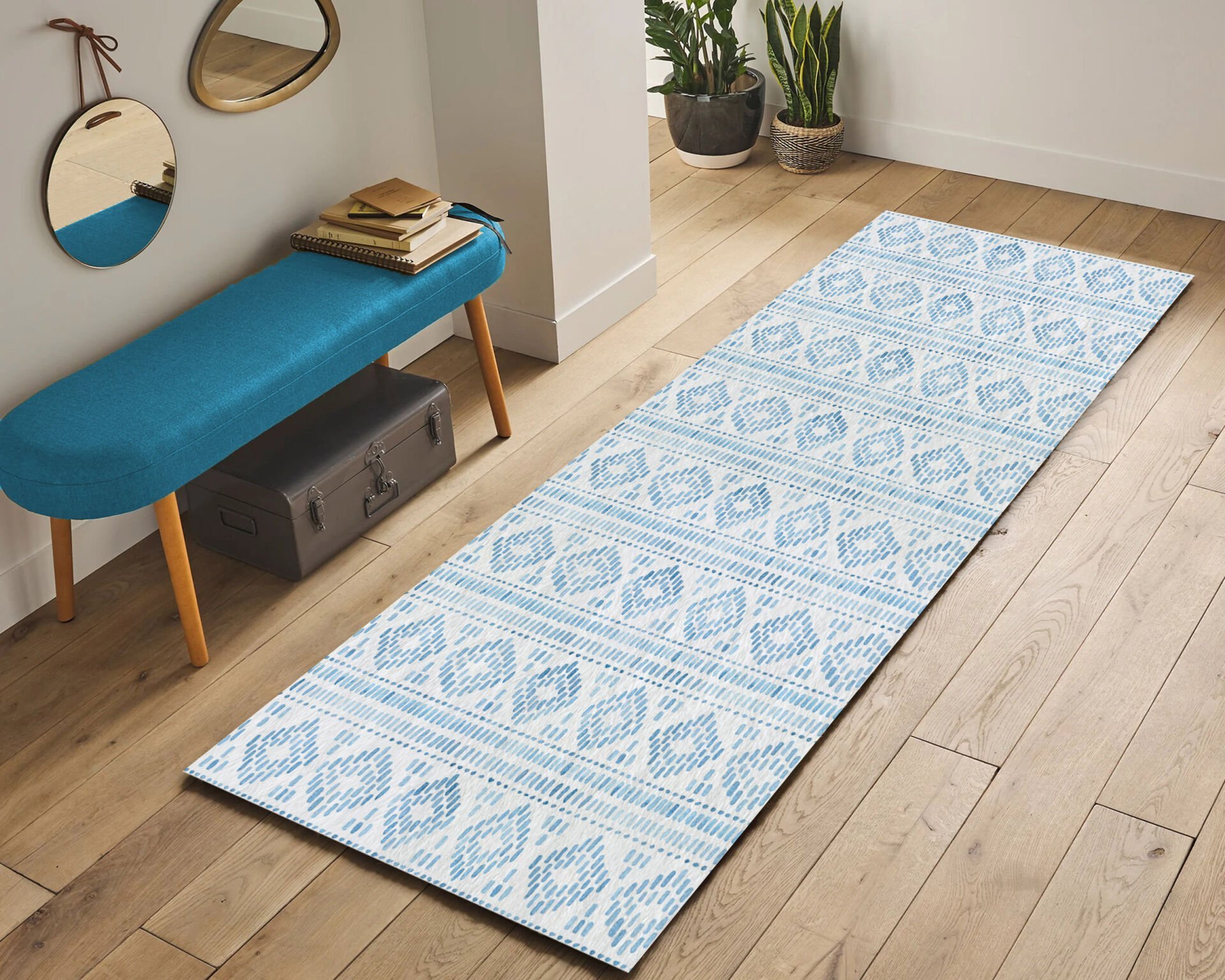 Blue Geometric Pattern Kitchen Runner Rug – Modern Long Carpet