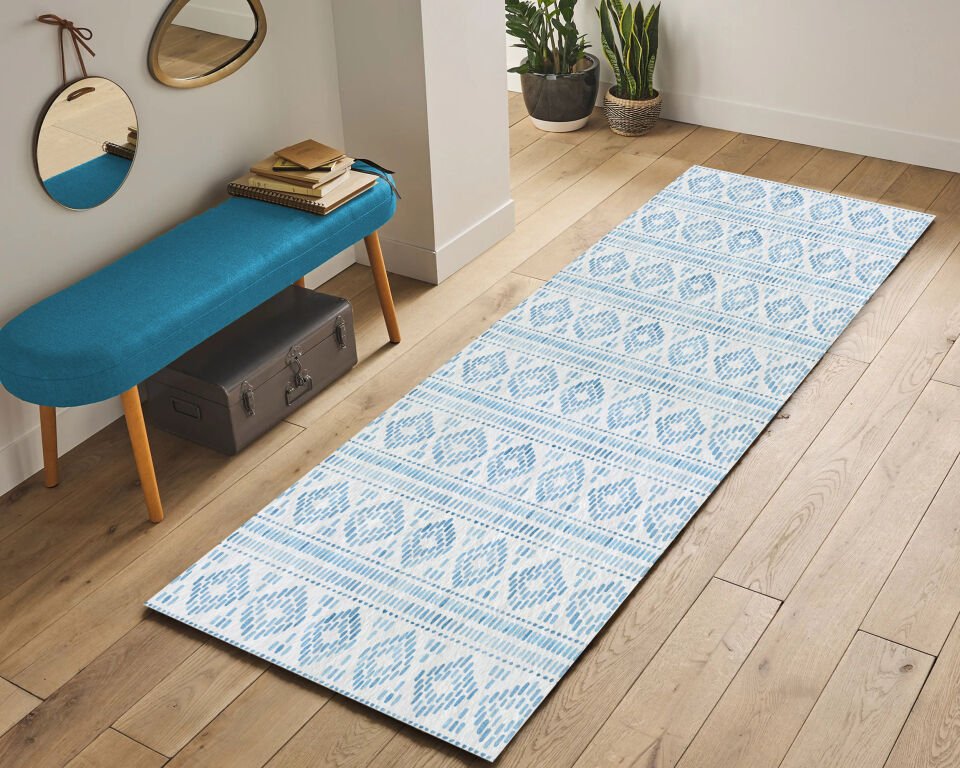 Blue Geometric Pattern Kitchen Runner Rug – Modern Long Carpet
