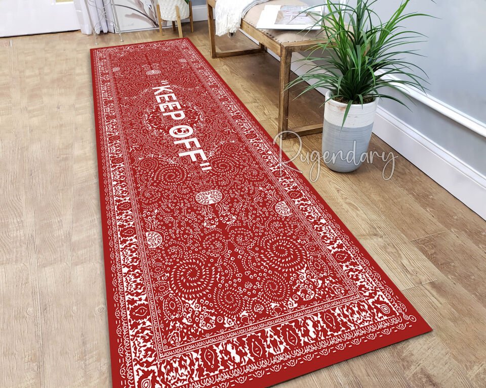 Modern Red & Black Runner Rug with “KEEP OFF” Quote – Bold Hallway Carpet