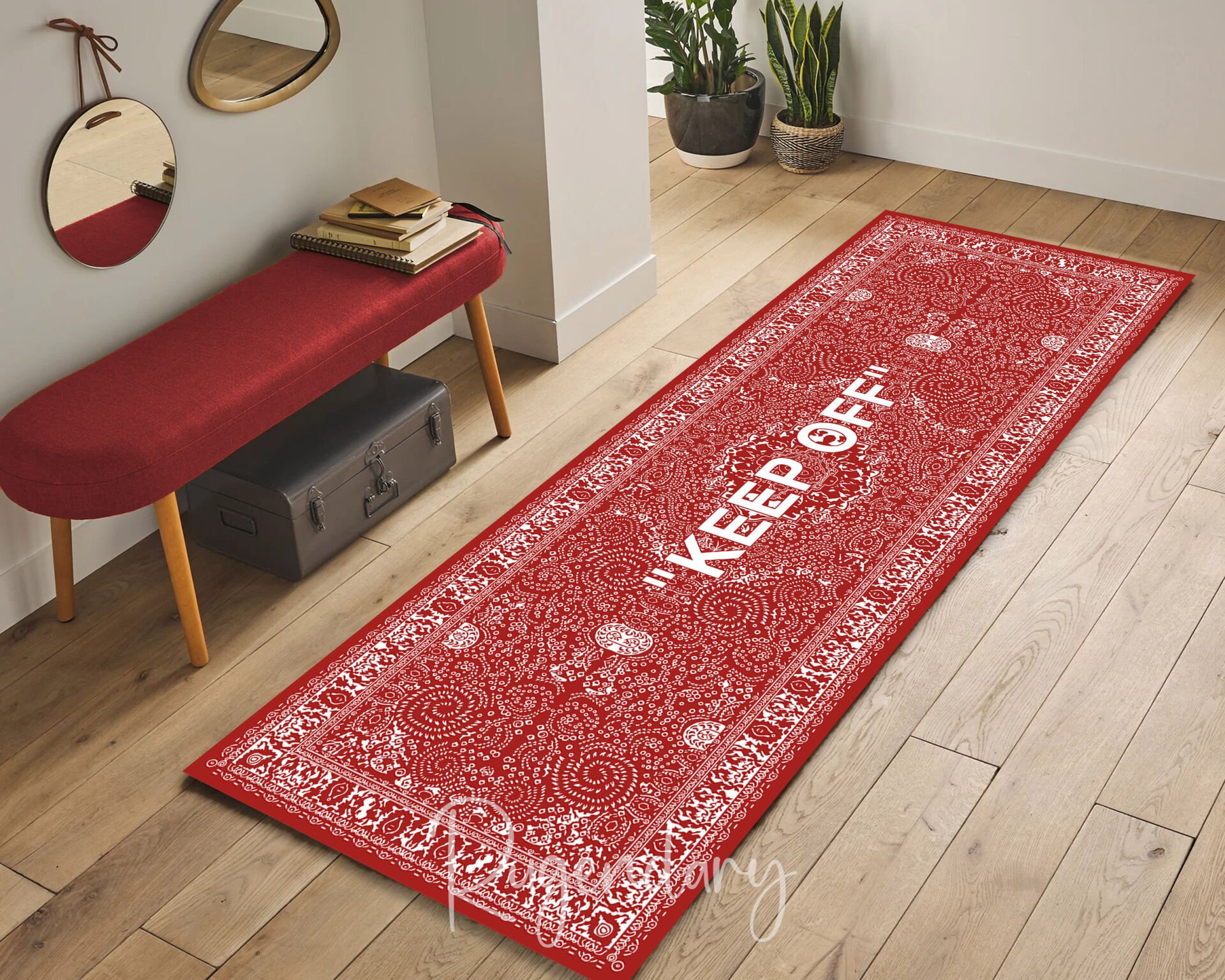 Modern Red & Black Runner Rug with “KEEP OFF” Quote – Bold Hallway Carpet