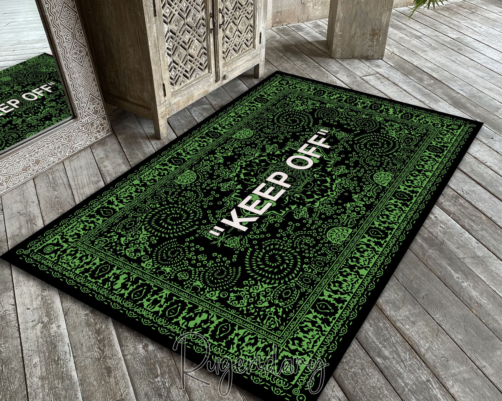 Modern Black & Green Area Rug with “KEEP OFF” Quote – Bold Living Room & Bedroom Carpet