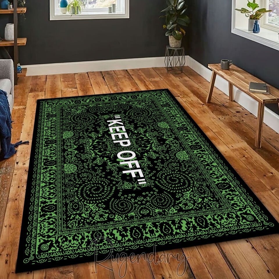 Modern Black & Green Area Rug with “KEEP OFF” Quote – Bold Living Room & Bedroom Carpet