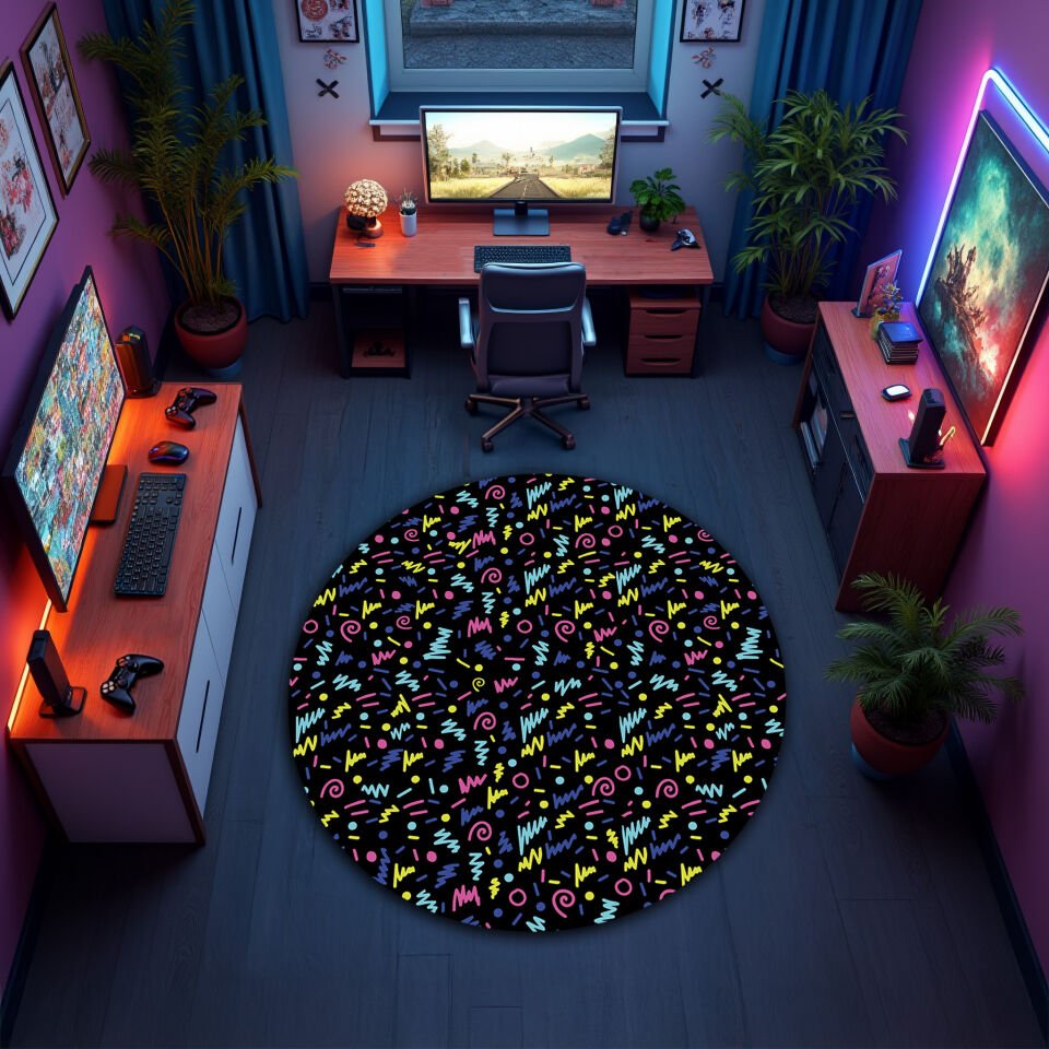 Colorful Abstract Game Room Rug – Vibrant Modern Carpet for Play Area and Entertainment Spaces