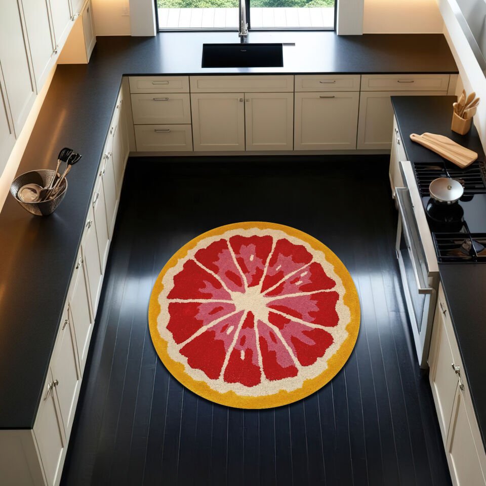 Round Citrus Slice Kitchen Rug – Vibrant Orange & Red NonSlip Soft Floor Mat for Kitchen