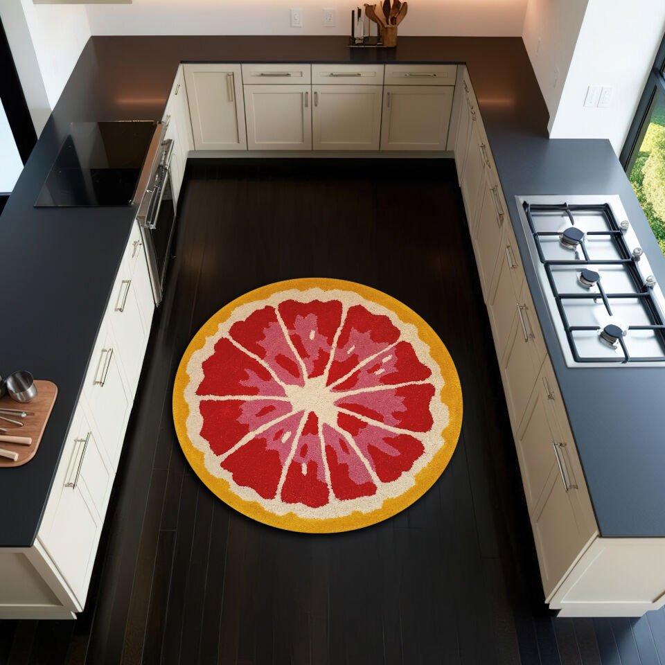 Round Citrus Slice Kitchen Rug – Vibrant Orange & Red NonSlip Soft Floor Mat for Kitchen