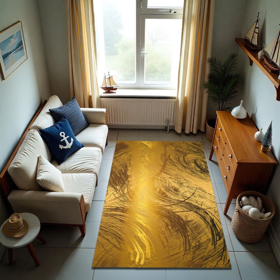 Modern Gold Brushstroke Rug – Abstract Elegance for Contemporary Living Rooms