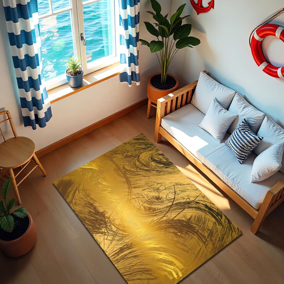 Modern Gold Brushstroke Rug – Abstract Elegance for Contemporary Living Rooms