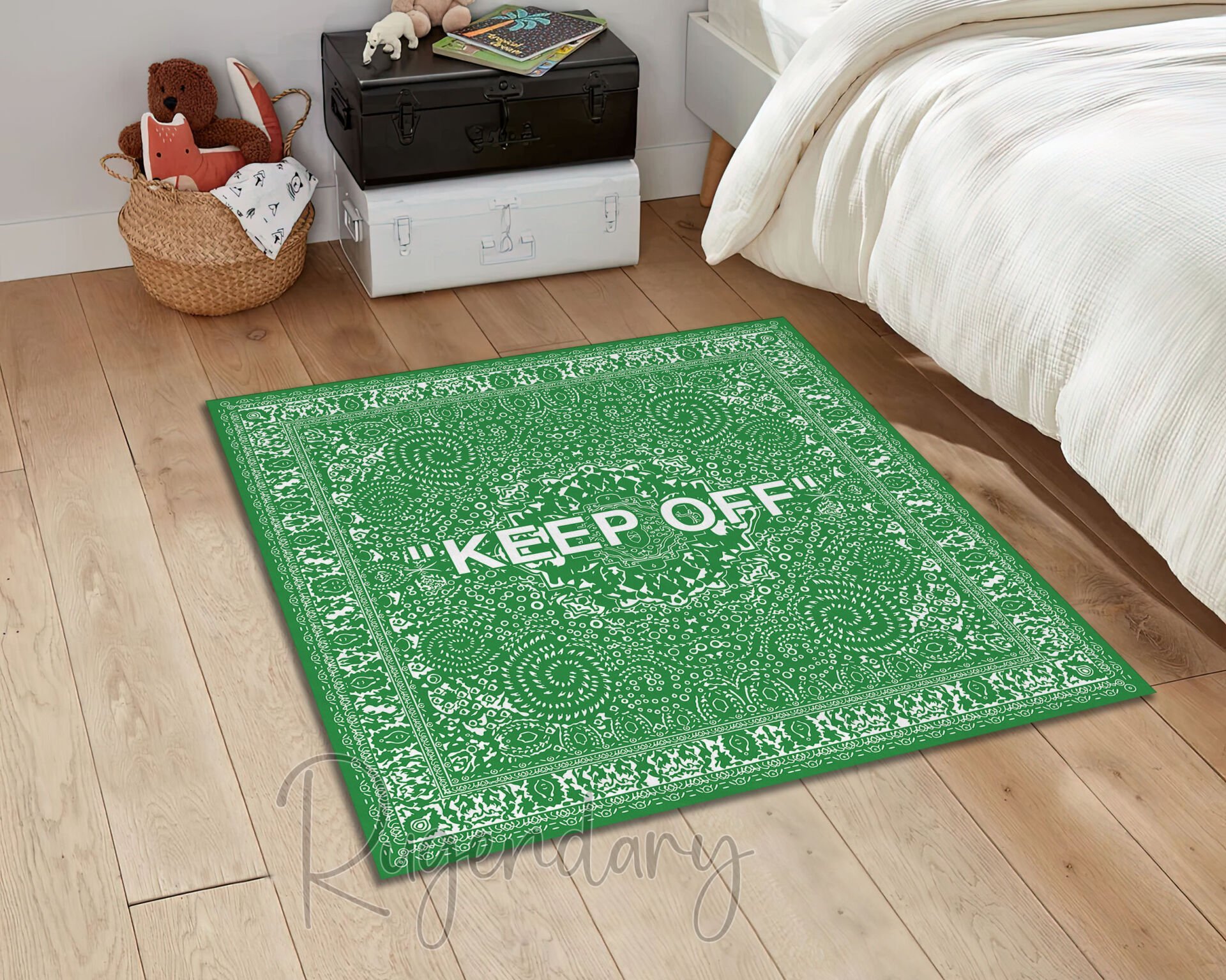 Green Square Rug with White Text & Patterns – Bold Yet Fresh Accent