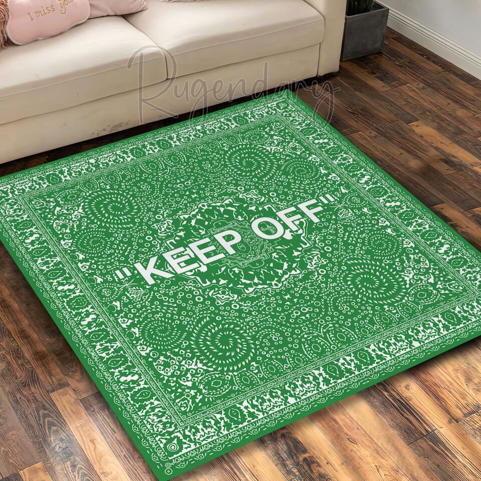 Green Square Rug with White Text & Patterns – Bold Yet Fresh Accent