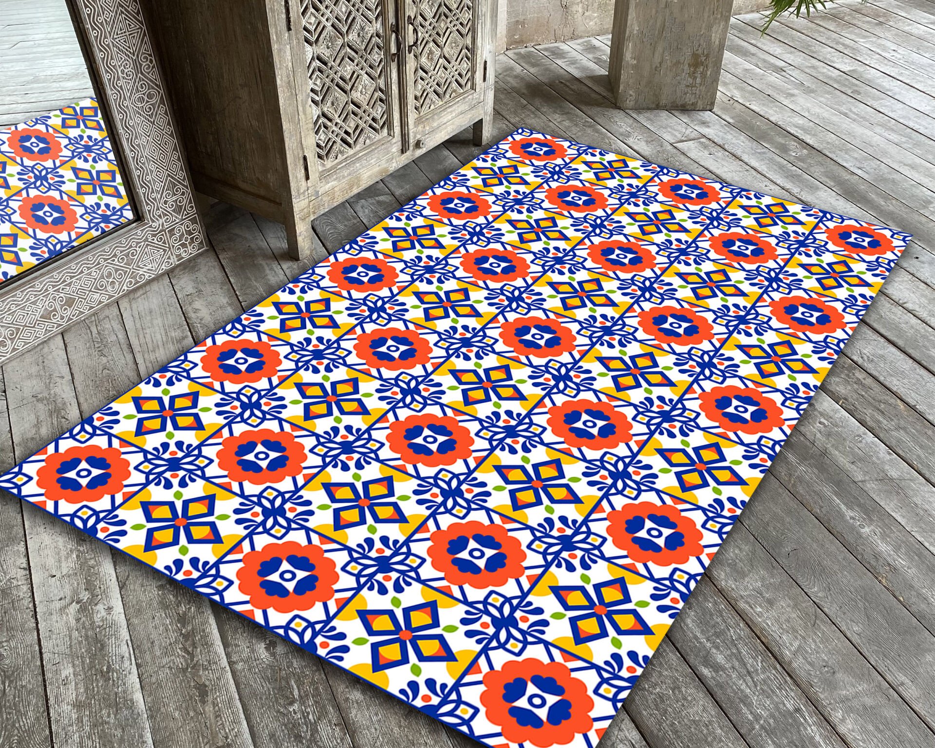 Mediterranean Tile Pattern Rug Colorful Boho Carpet for Kitchen Living Room and Patio