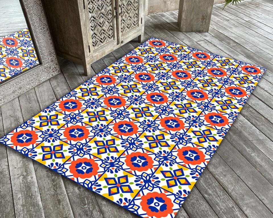 Mediterranean Tile Pattern Rug Colorful Boho Carpet for Kitchen Living Room and Patio