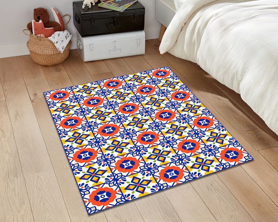 Mediterranean Tile Pattern Rug Colorful Boho Carpet for Kitchen Living Room and Patio