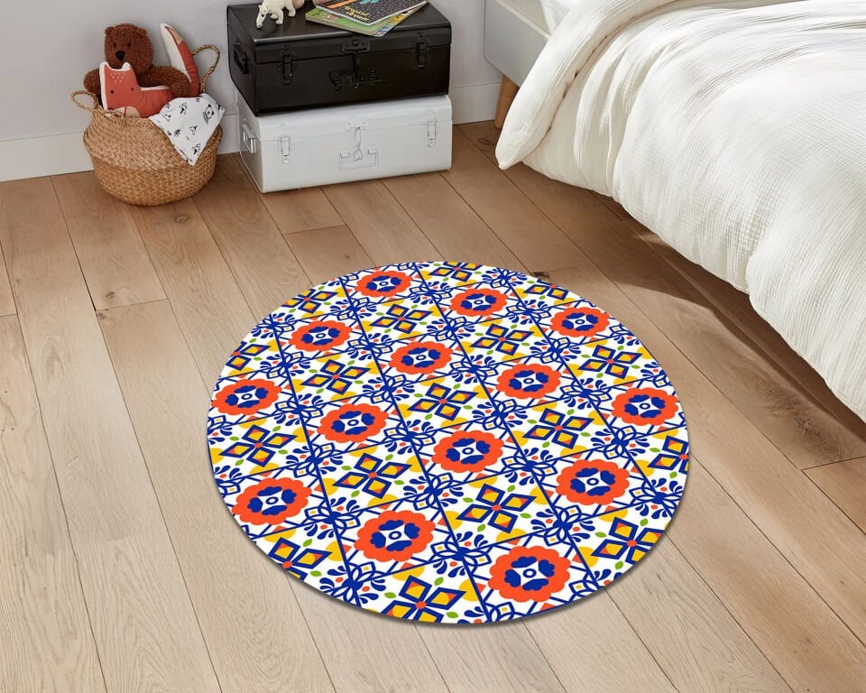 Mediterranean Tile Pattern Rug Colorful Boho Carpet for Kitchen Living Room and Patio