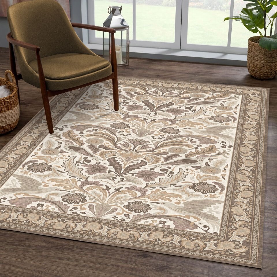 Brown Oriental Area Rug Classic Floral Pattern Decorative Carpet