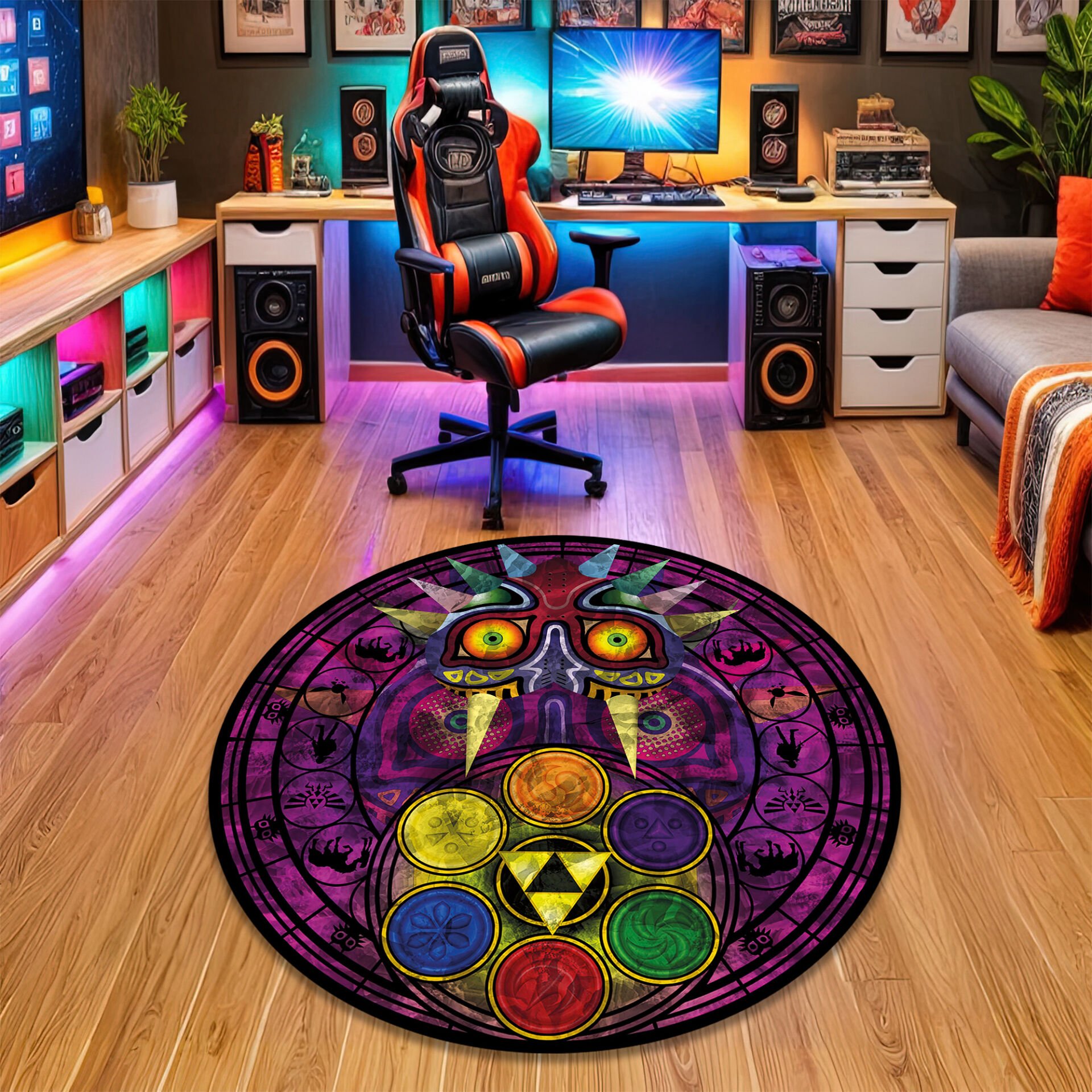 Mystic Gamer Round Rug – Majestic Mask & Elemental Symbols Design