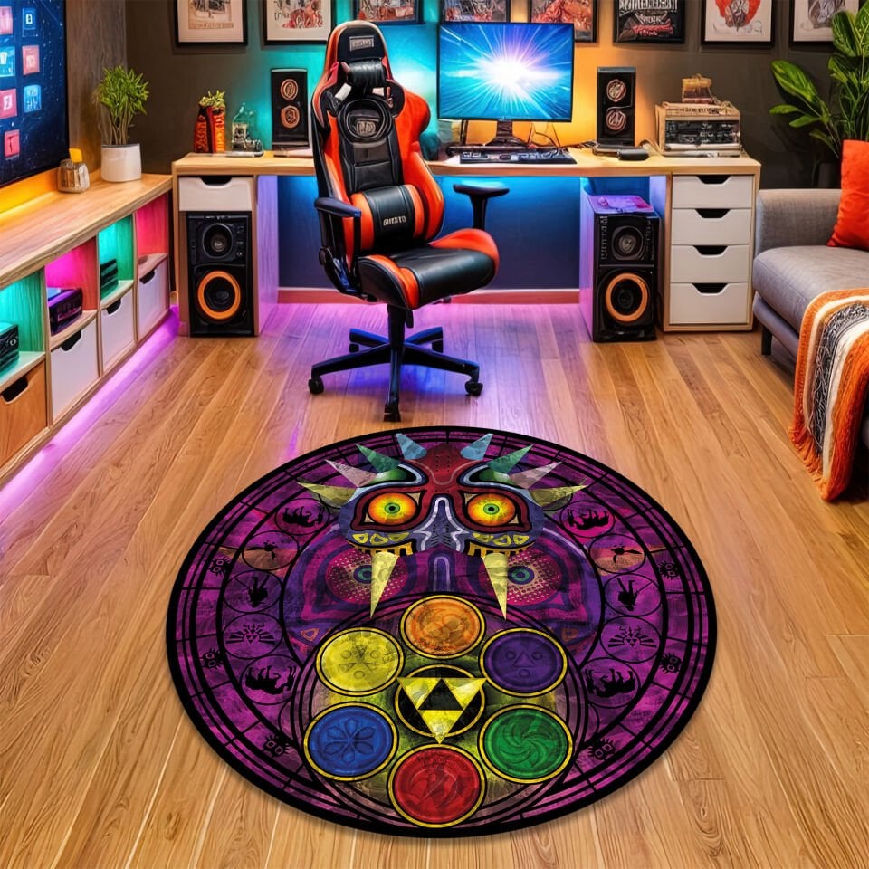 Mystic Gamer Round Rug – Majestic Mask & Elemental Symbols Design