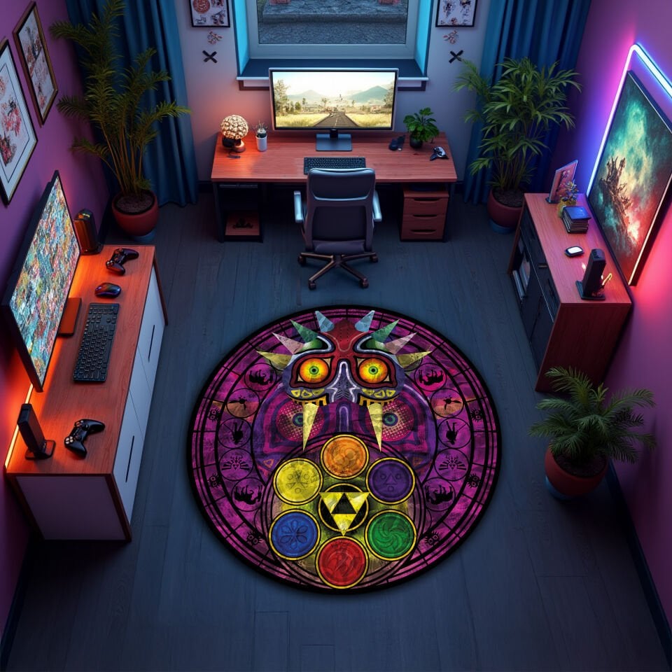 Mystic Gamer Round Rug – Majestic Mask & Elemental Symbols Design