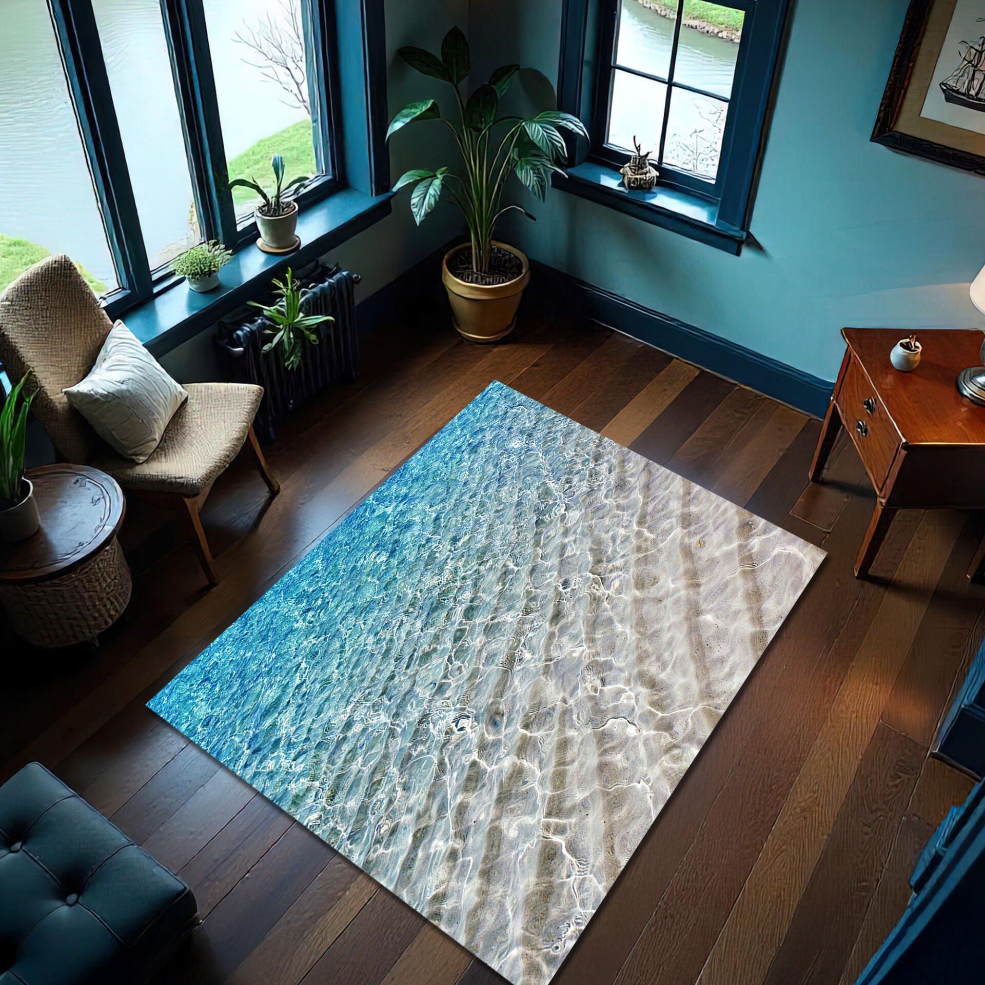 Shallow Ocean Shore Rug – Clear Blue & Sandy Water Design