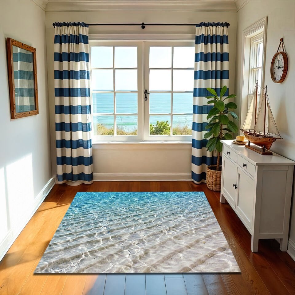 Shallow Ocean Shore Rug – Clear Blue & Sandy Water Design